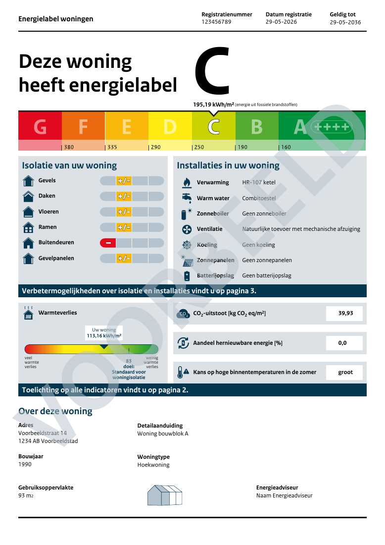 Voorblad van het fictieve RVO-voorbeeldlabel: label C voor Voorbeeldstraat 14 in Voorbeeldstad, met watermerk Voorbeeld.